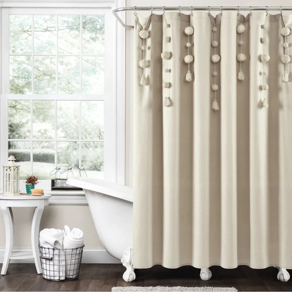 Lush Decor Pom Pom Elegant Cream Shower Curtain